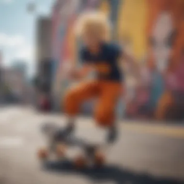 Cultural Expressions in Urban Art A vibrant mural depicting a fusion of skateboarding and anime elements