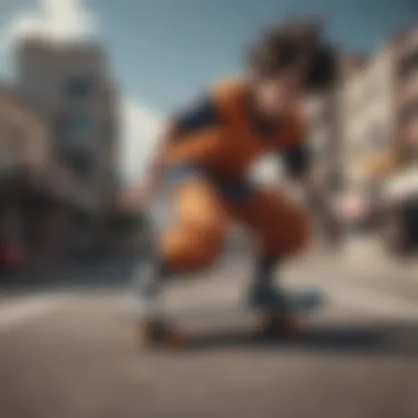 Skateboarding with Dragon Ball Z Style A skateboarder performing a trick with Dragon Ball Z-themed apparel