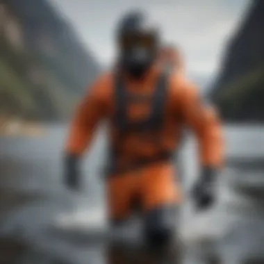 A dry suit designed for extreme water sports, showcasing its unique features and material.