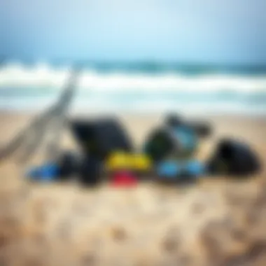 E foiling gear laid out on the beach before an adventure