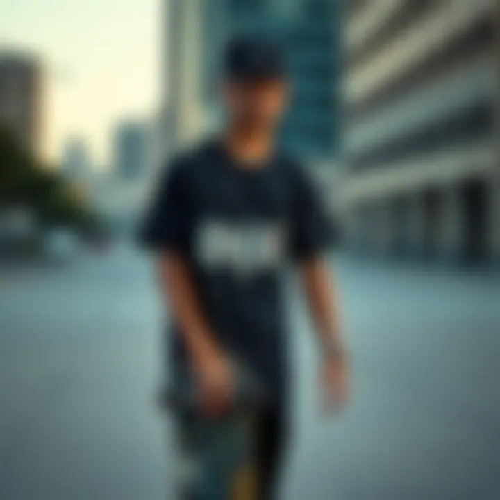 Skateboarder in Urban Setting with Enjoi T-Shirt A skateboarder wearing Enjoi t-shirt in urban environment