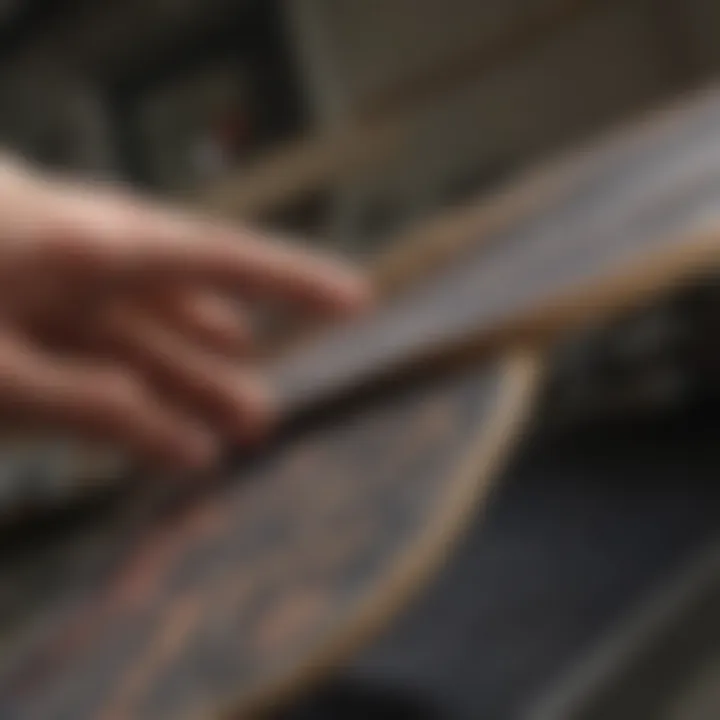 An enthusiast examining a rare skateboard deck, showcasing their passion for collecting.