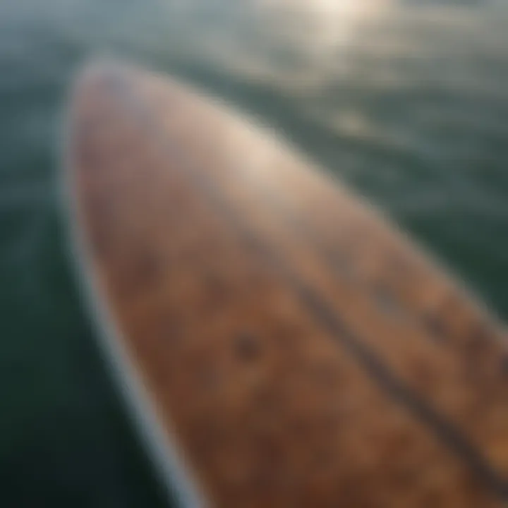 Detailed view of an epoxy paddleboard showcasing its glossy finish and unique design patterns