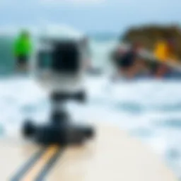 GoPro mounted on a surfboard capturing ocean waves