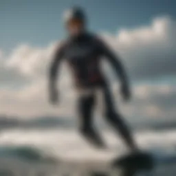 Water skier performing a jump while wearing a dry suit