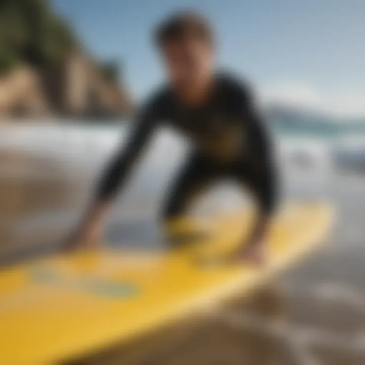 Demonstration of applying wax remover on a surfboard.