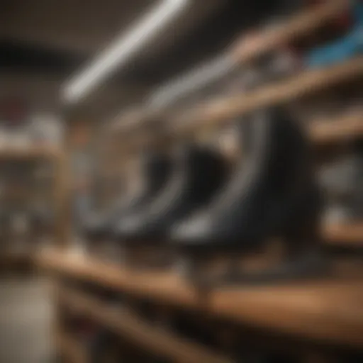 A variety of skates displayed in a retail store