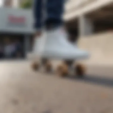 Skateboarder wearing high white Vans during an extreme sports event