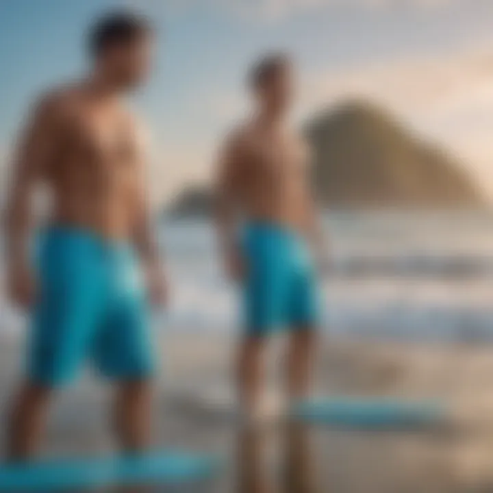 Vibrant beach scene with individuals engaging in extreme sports wearing light blue board shorts.