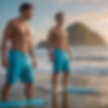 Extreme Sports Vibes: Embracing Adventure with Light Blue Board Shorts Vibrant beach scene with individuals engaging in extreme sports wearing light blue board shorts.