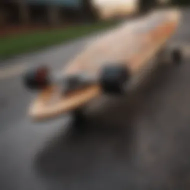 Close-up of a longboard deck showcasing intricate designs.