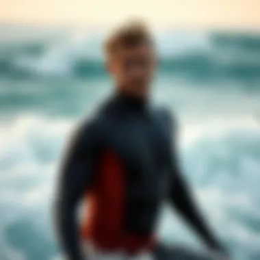 Wetsuit top being modeled in a dynamic water sports setting