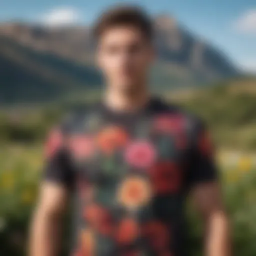 A vibrant floral t-shirt displayed against a nature backdrop