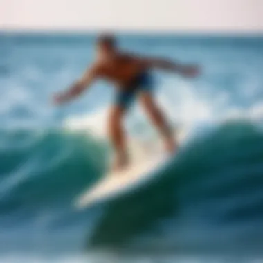 A beginner surfer enjoying a smooth ride on a soft top surfboard