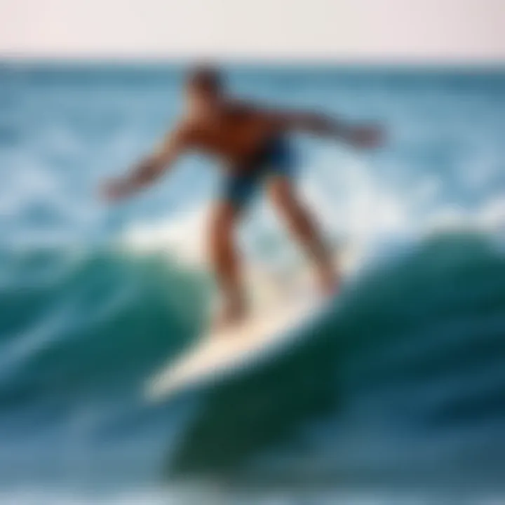 A beginner surfer enjoying a smooth ride on a soft top surfboard