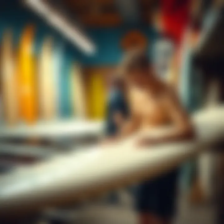 A surfer inspecting a soft top surfboard in a shop