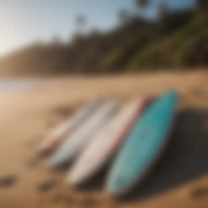 Surfboards lined up on a stunning beach