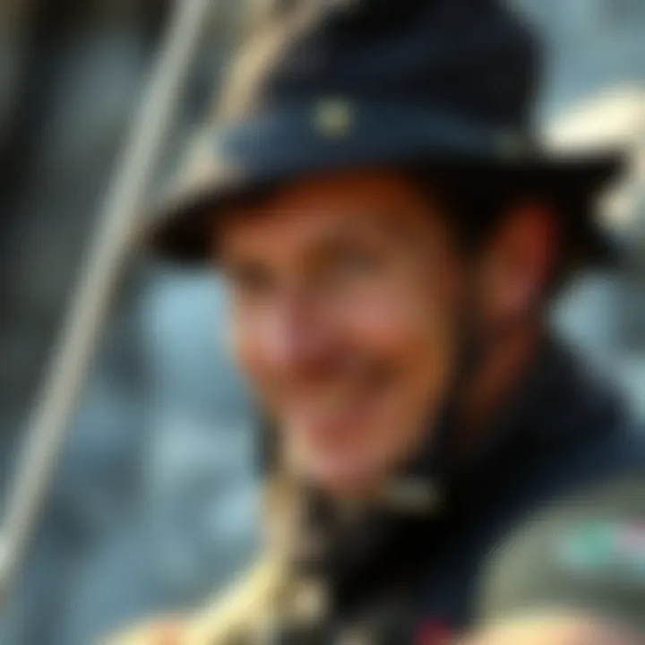 Adventurer in Amazon Black Bucket Hat An adventurer wearing the Amazon black bucket hat during an extreme sports activity.