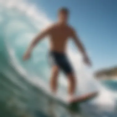 An adventurous surfer riding a wave in trendy short shorts