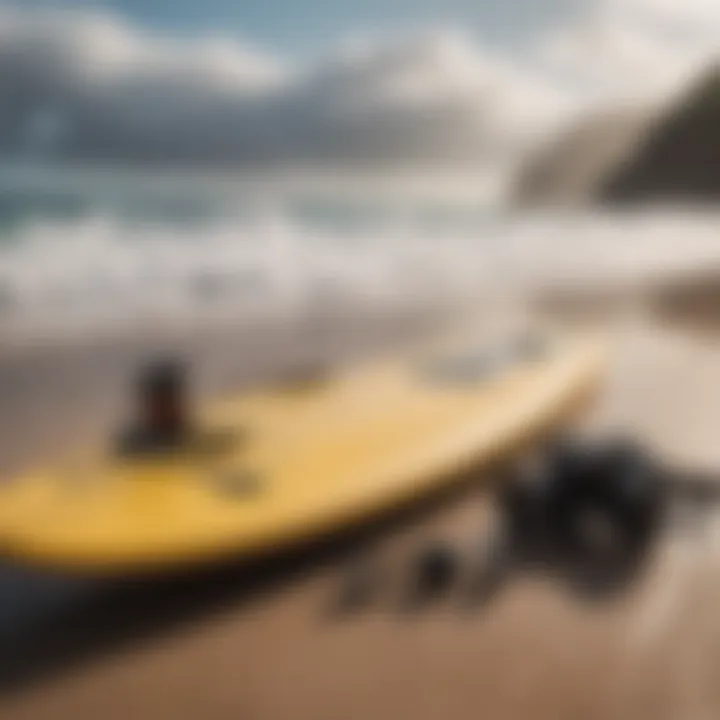 Essential surfing gear laid out on sandy beach, including a surfboard and safety equipment.