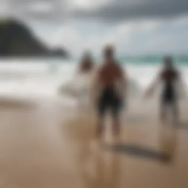 Surfers gathered on the beach, engaging in lively discussions about techniques and waves.