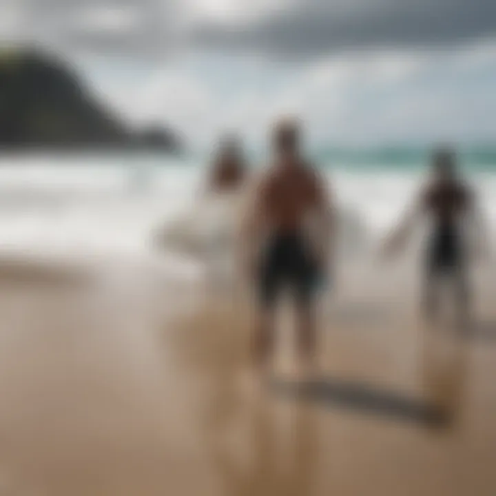 Surfers gathered on the beach, engaging in lively discussions about techniques and waves.