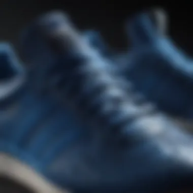 Close-up of blue Adidas shoe detailing and materials