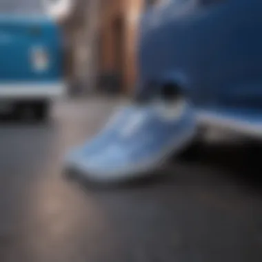 A collection of blue vans with checkered rims displayed in a vibrant atmosphere.