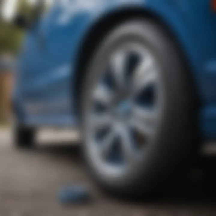 Close-up of the intricate checkered rim detailing on blue vans.