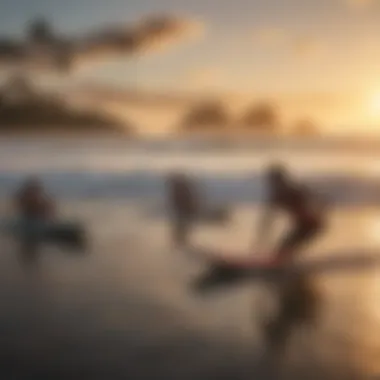 A picturesque sunset view of surfers riding waves, symbolizing the culture of boogie boarding.