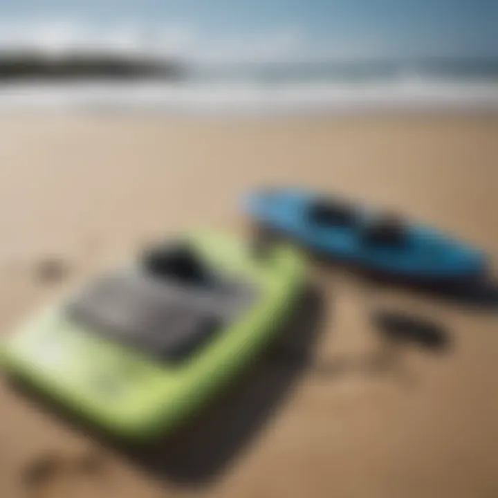 Essential boogie board gear laid out on the beach, highlighting the necessary equipment.