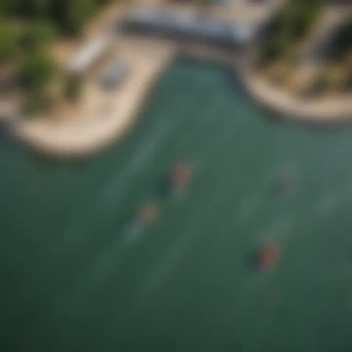 An aerial shot of the cable park featuring various water sports activities and enthusiastic riders.