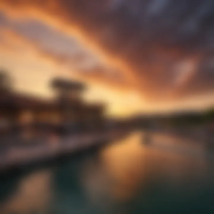 A breathtaking view of the cable park at sunset, showcasing vibrant colors and active participants.