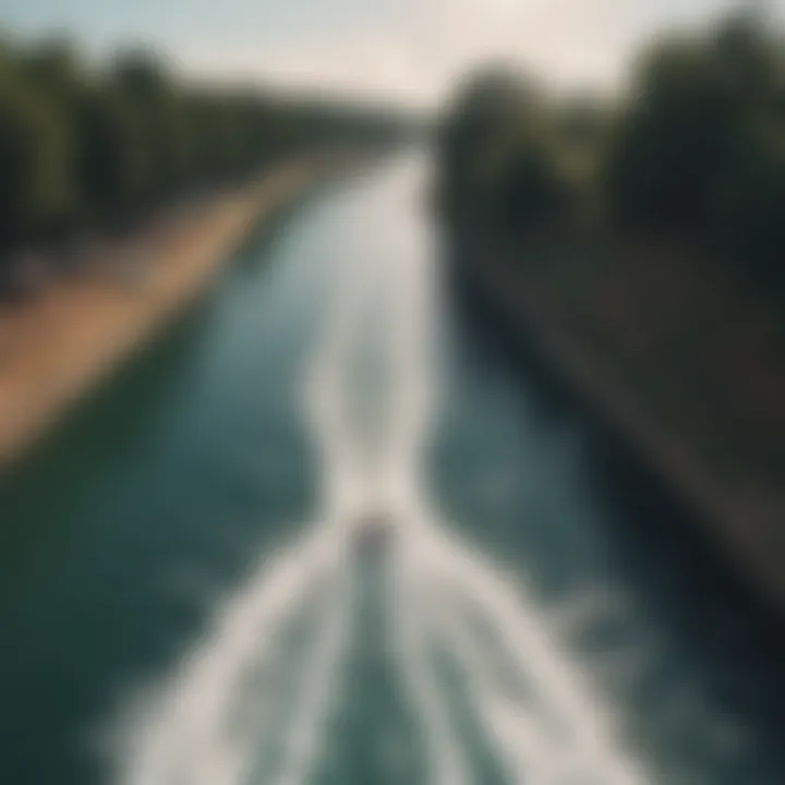 Aerial view of a vibrant cable wake park with riders in action