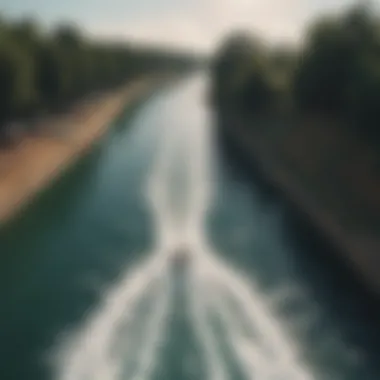 Aerial Perspective of Thrilling Cable Wake Action Aerial view of a vibrant cable wake park with riders in action