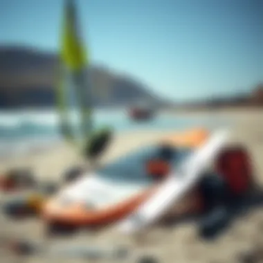 Essential windsurfing gear ready for adventure Windsurfing equipment laid out on the beach