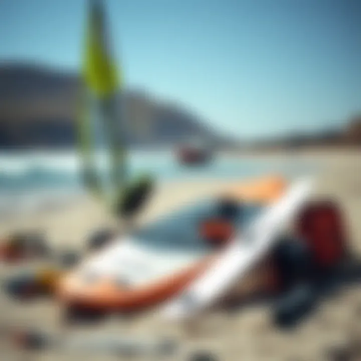 Essential windsurfing gear ready for adventure Windsurfing equipment laid out on the beach
