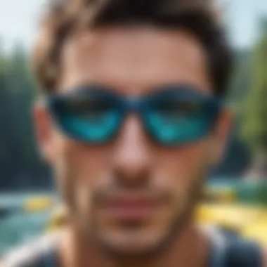 Athlete wearing blue ray glasses while kayaking in vibrant waters