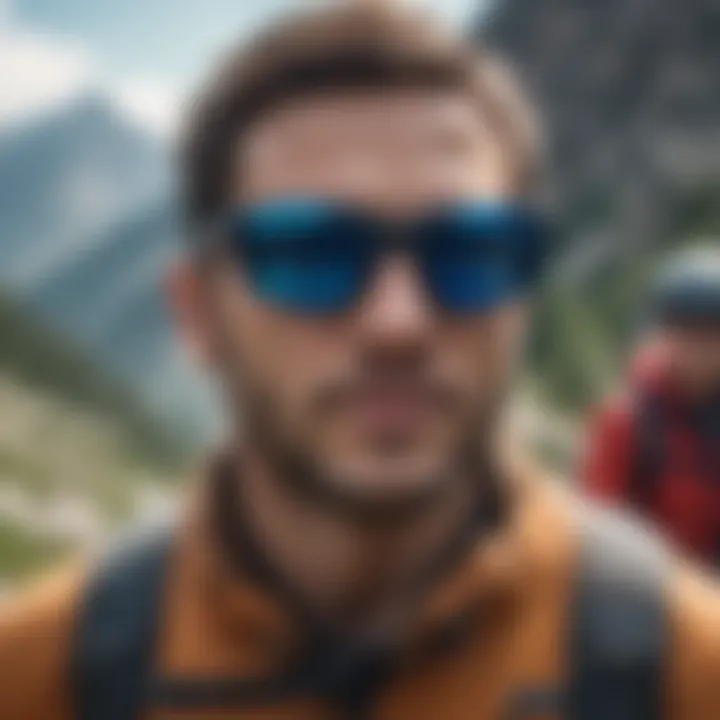 Group of extreme sports enthusiasts wearing blue ray glasses during a mountain hike