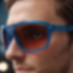 A close-up of clear blue sunglasses showcasing their sleek design and lens clarity.