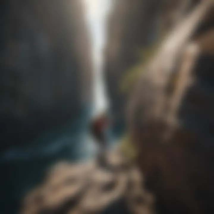 A climber navigating rocky coastal cliffs