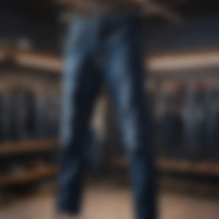 Fashionable dark blue jeans displayed on a boutique rack