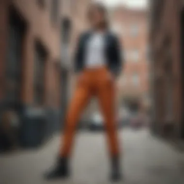 Young individual wearing Dickies skinny pants in an urban setting