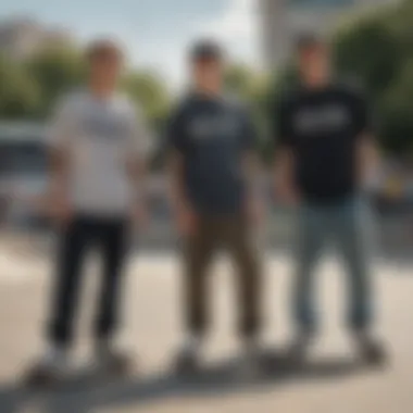 Group of skateboarders wearing DC skate pants in an urban skate park