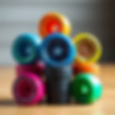 An organized display of various 69mm longboard wheels in vibrant colors.
