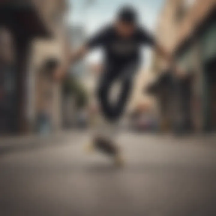 Skater performing a trick on a skateboard featuring enjoi grip tape.