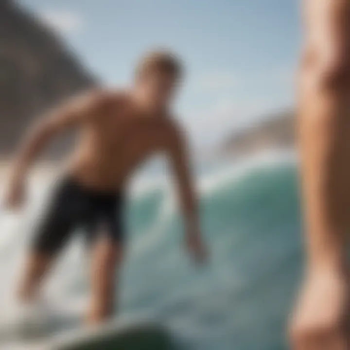 Surfer wearing swim shorts while catching a wave