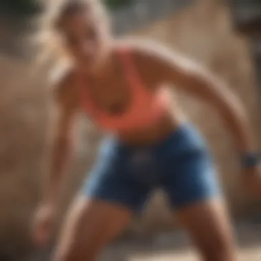 Dynamic female athlete showcasing stylish sweat shorts during an extreme sport activity