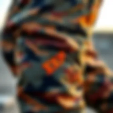 Close-up of the unique design details of flare camo pants