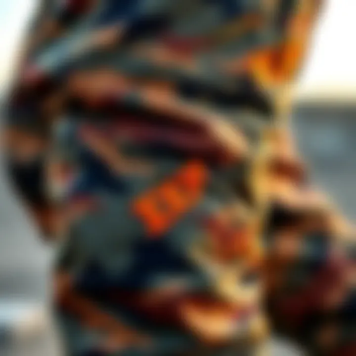 Close-up of the unique design details of flare camo pants